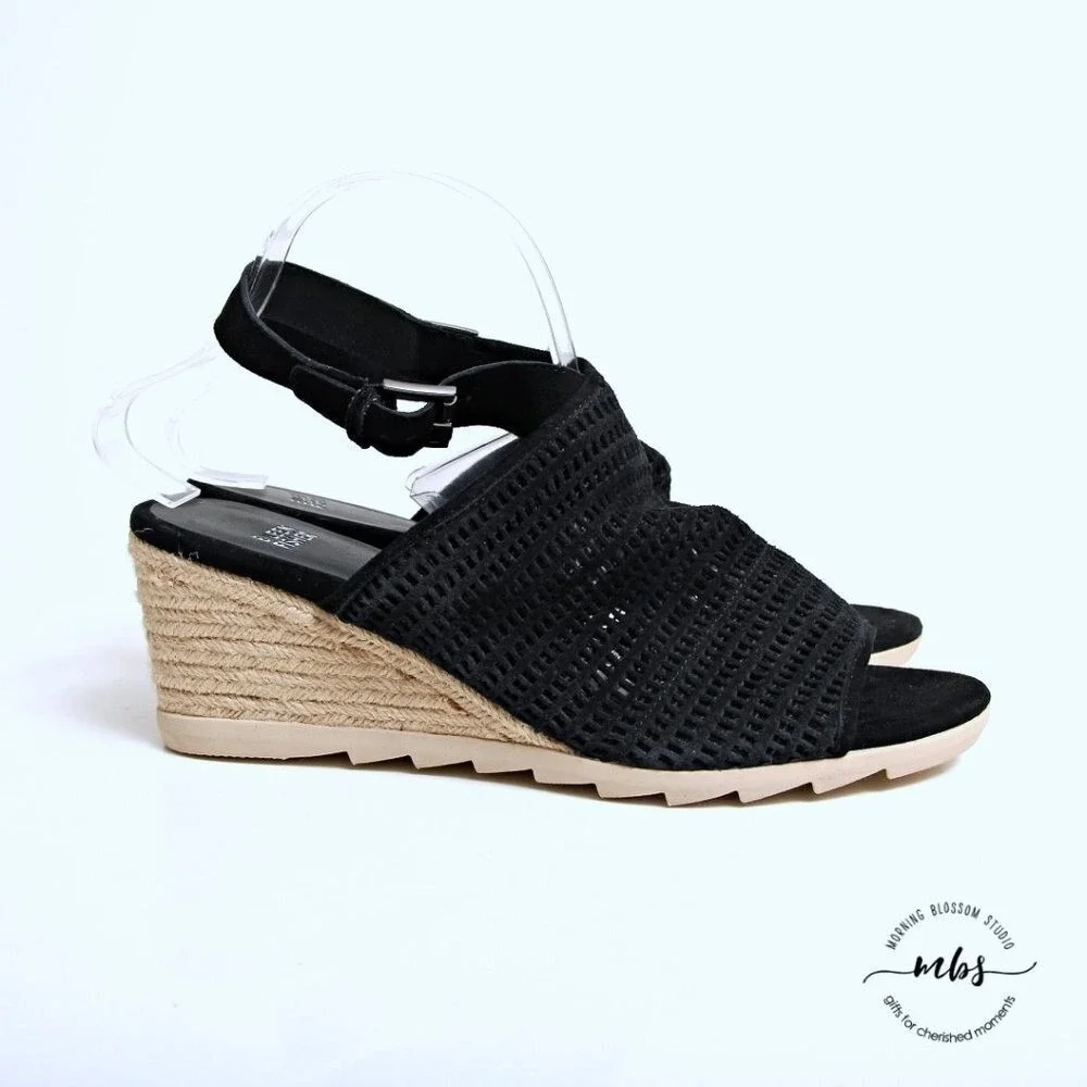 Eileen Fisher Aura Suede Slingback Espadrille Wedges Black‎ Women 9